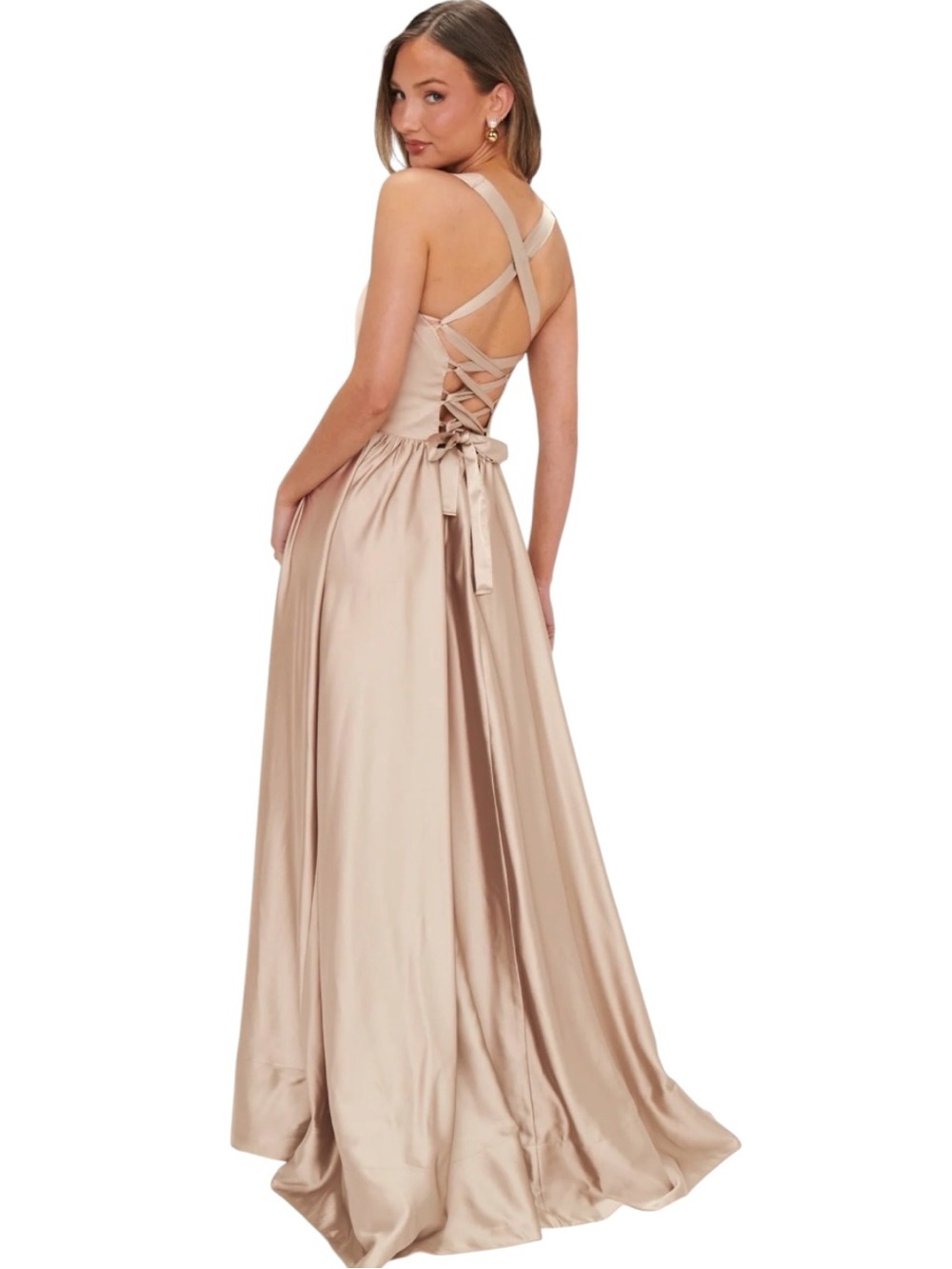 Show Me Your Mumu Abigail Maxi Dress Women Medium Champagne Luxe Satin Side Slit